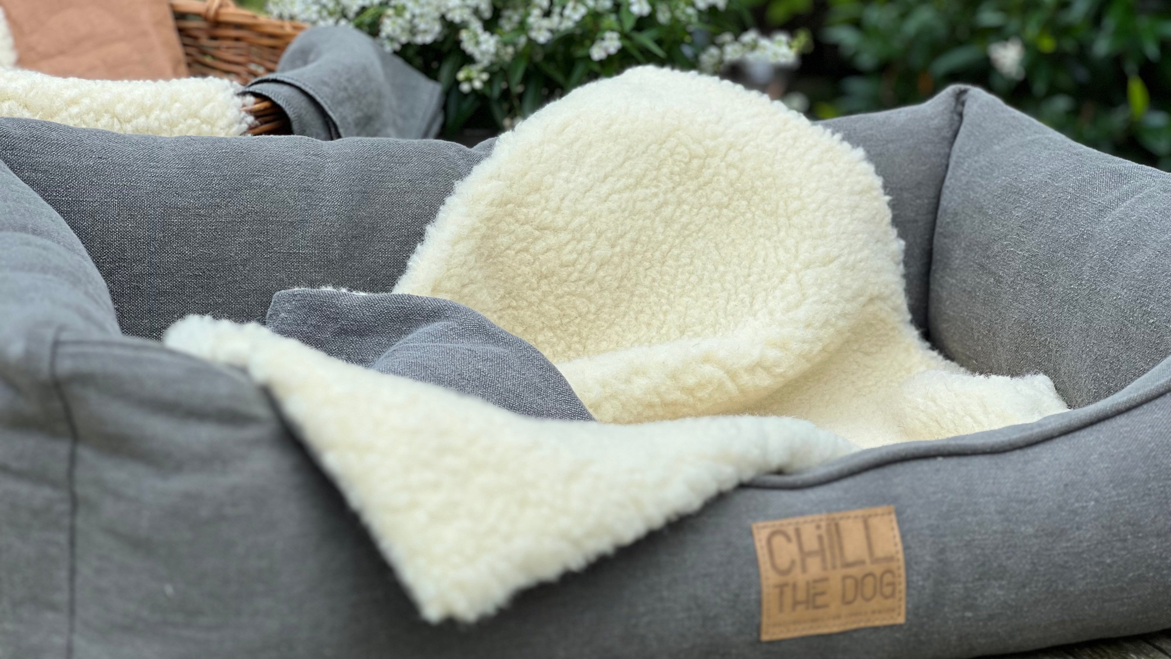 Hundedecke für unterwegs halb geöffnet im Hundebett, zeigt zweilagige Struktur