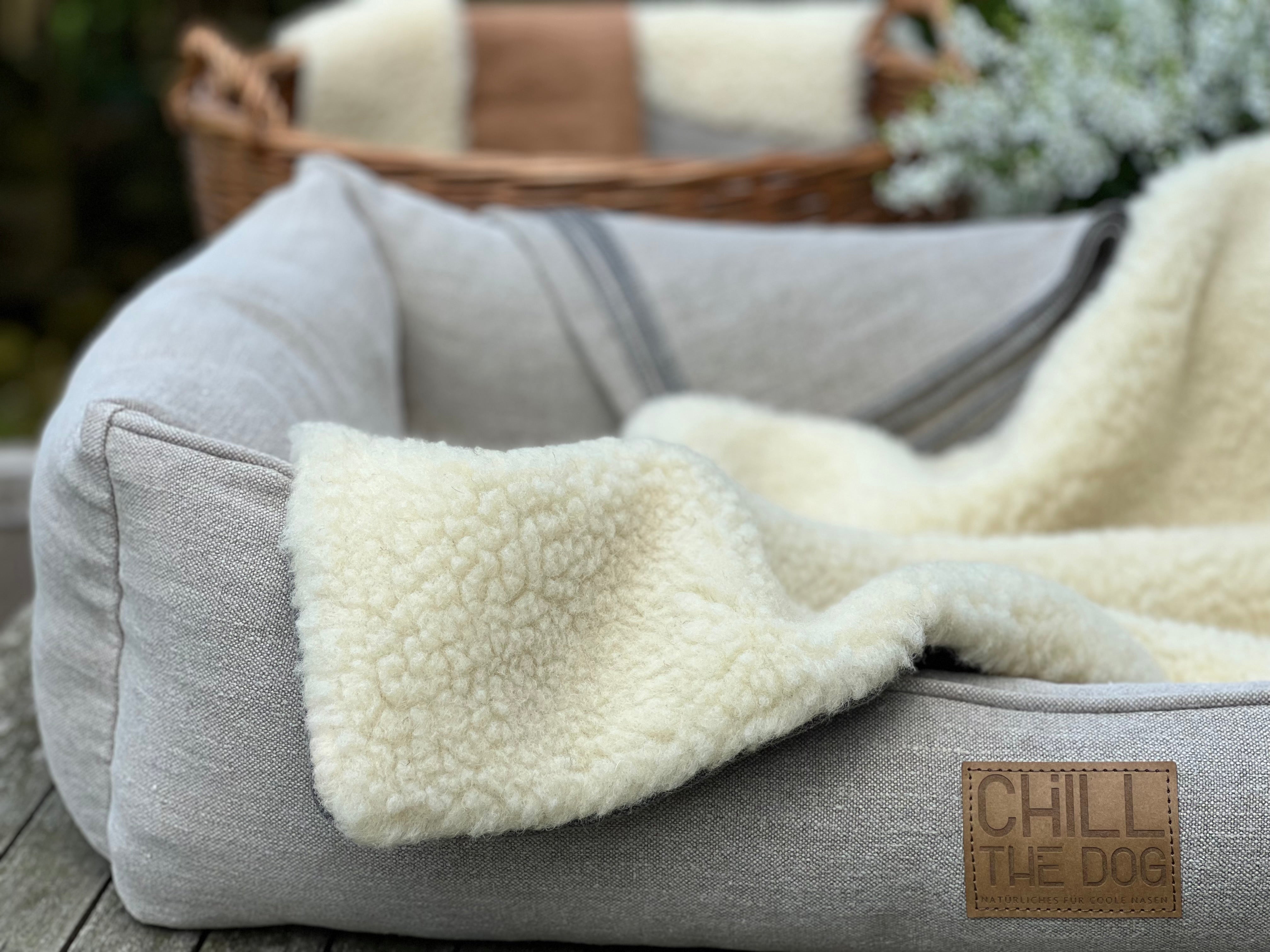 Nahansicht Label CHILL THE DOG auf Bio-Hanf-Seite der Hundedecke für unterwegs