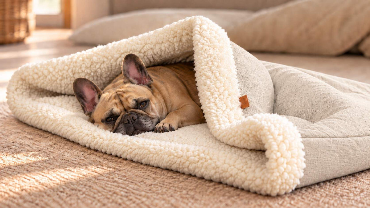 Französische Bulldogge in der beigen Hundehöhle Wollbude aus Hanf und Schafwolle