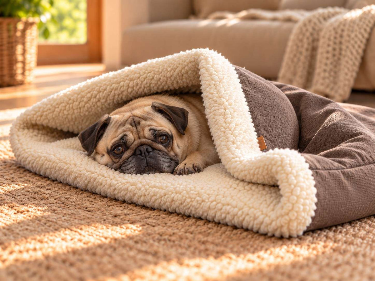 Mops in der Hundehöhle Wollbude aus Hanf und Schafwolle in der Farbe Mousse (Dunkelbraun)