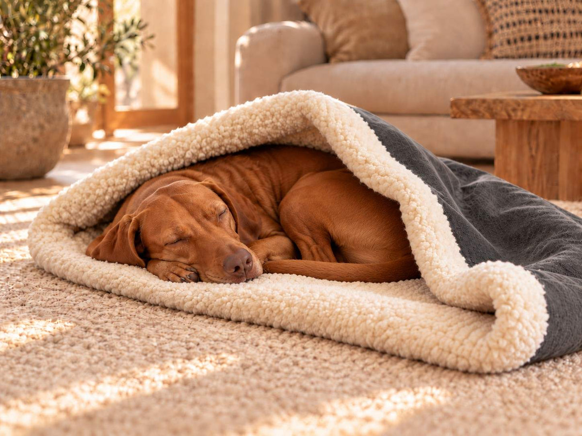 Schlafender Magyar Vizsla in der Hundehöhle Wollbude aus Schafwolle und Hanf in Dark Grey (grau).