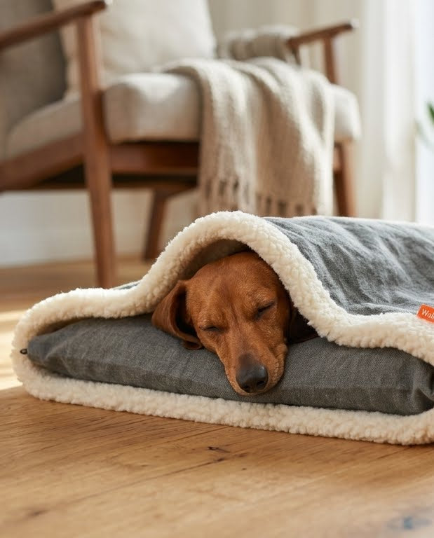 Schlafender Vizsla in der Hundehöhle Wollbude in Dark Grey (grau), kombiniert mit dem Hundekissen Paul als ergänzende Liegefläche.
