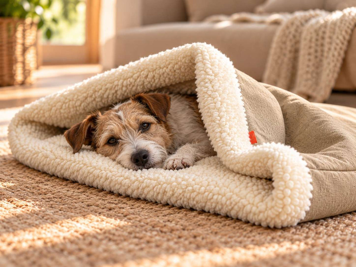 Terrier in der Hundehöhle Wollbude aus Hanf und Schafwolle in der Farbe Safari (helles Braun)