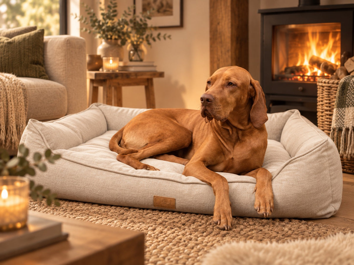 Hundebett Langschläfer in beige mit unserem Hund Michel