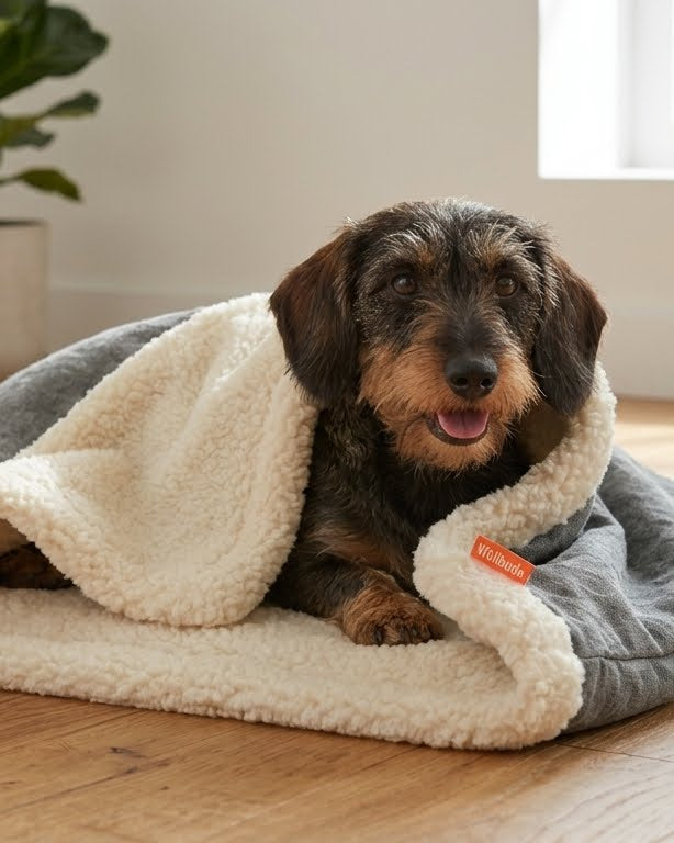 Rauhaardackel in der Hundehöhle Wollbude aus Schafwolle und Hanf in Dark Grey (dunkelgrau)