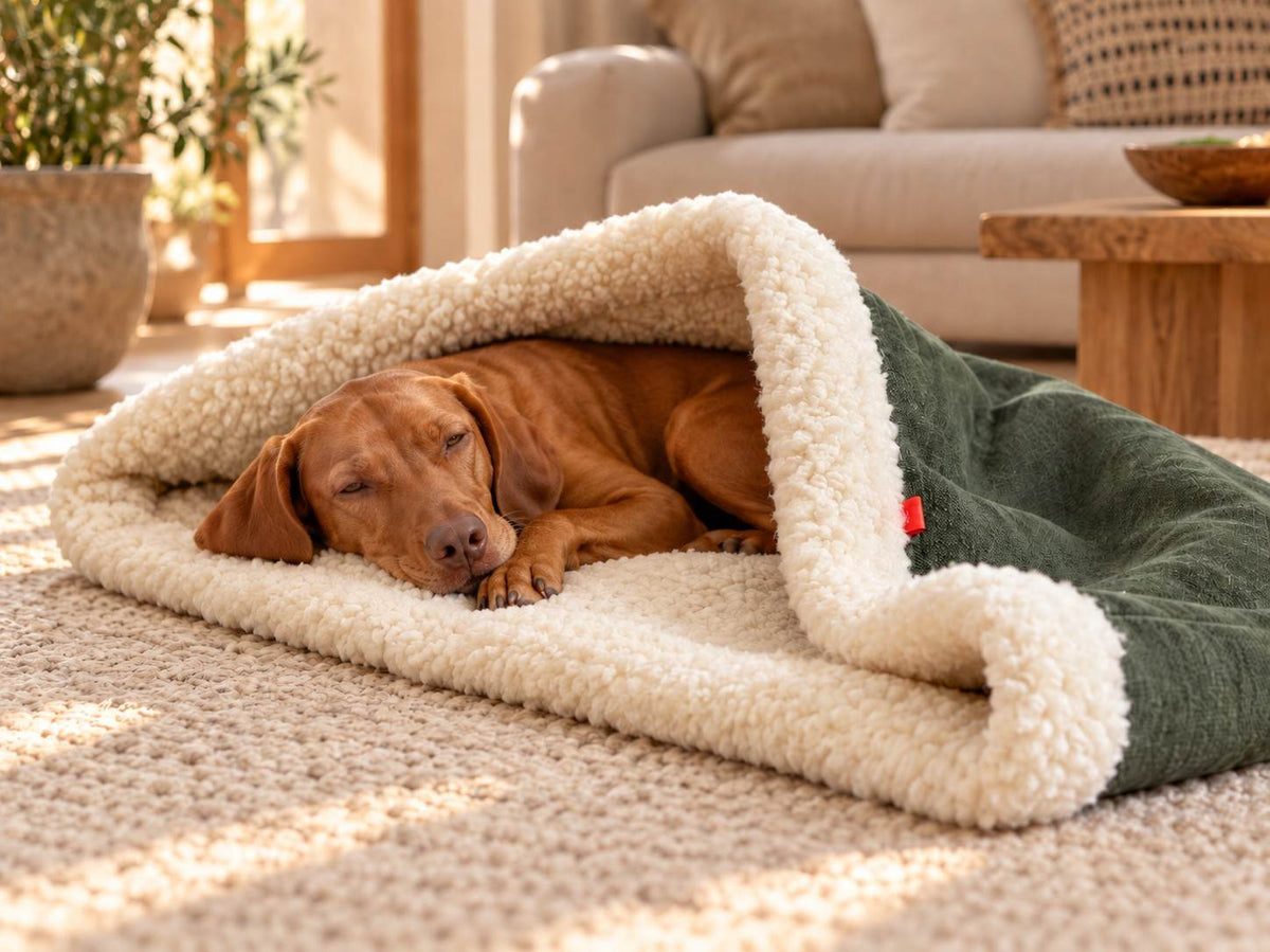 Magyar Vizsla in der Hundehöhle Wollbude aus Hanf und Schafwolle in Forest Green (grün)